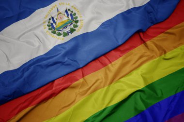 el salvador renkli gay gökkuşağı bayrağı ve ulusal bayrak sallayarak.