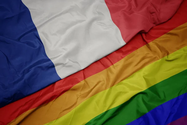 挥舞着五颜六色的同性恋彩虹旗和法国国旗. — 图库照片