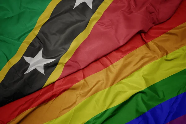 Waving colorful gay rainbow flag and national flag of saint kitts and nevis. — Stock Photo, Image