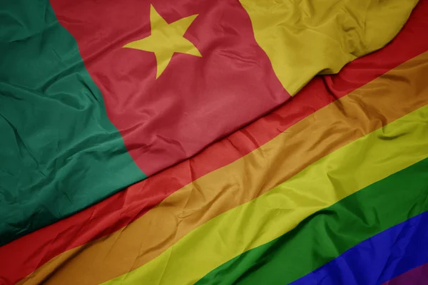 Waving colorful gay rainbow flag and national flag of cameroon. — Stock Photo, Image