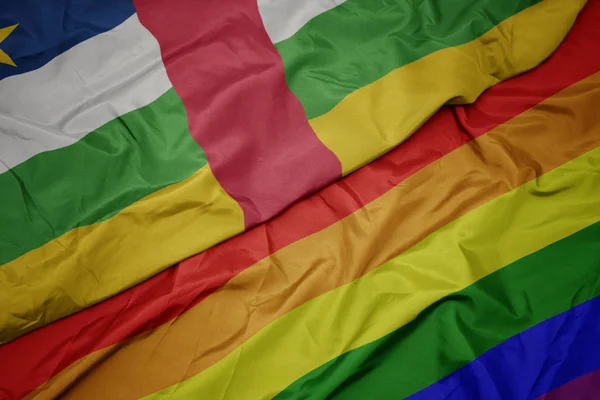 挥舞着五颜六色的同性恋彩虹旗和中非共和国国旗. — 图库照片