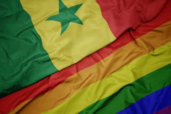 Waving colorful gay rainbow flag and national flag of senegal. — Stock Photo, Image