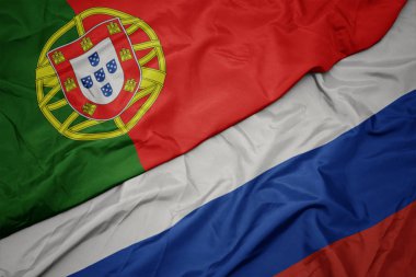 Rusya ve portekiz ulusal bayrağı renkli bayrak sallayarak.