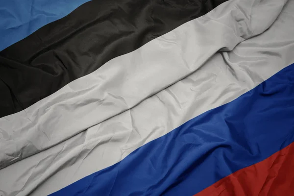 Agitant drapeau coloré de la Russie et drapeau national de l'Estonie . — Photo