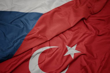 Türkiye'nin renkli bayrağını ve Çek Cumhuriyeti'nin ulusal bayrağını sallıyor.