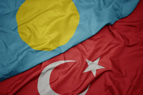 Türkiye'nin renkli bayrağını ve Palau'nun ulusal bayrağını sallıyor. — Stok fotoğraf