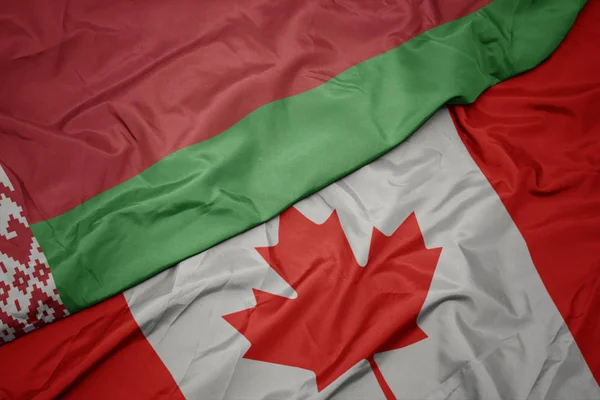 Ondeando colorida bandera de canada y bandera nacional de belarus . —  Fotos de Stock