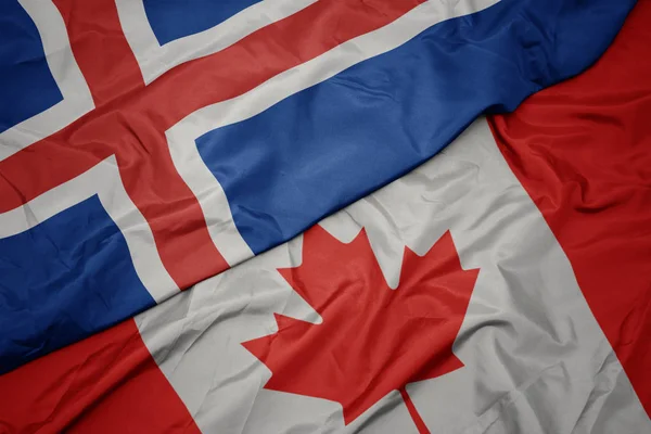 Agitant le drapeau coloré du Canada et le drapeau national de la péninsule . — Photo