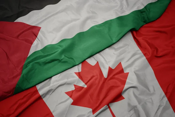 Ondeando colorida bandera de Canadá y bandera nacional de Palestina . —  Fotos de Stock
