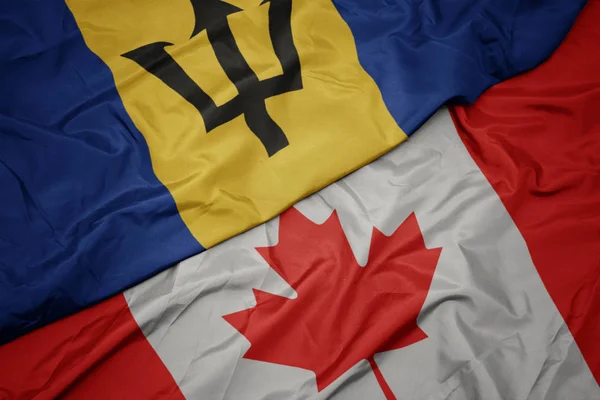 waving colorful flag of canada and national flag of barbados.