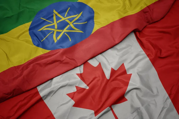 挥舞着五颜六色的加拿大国旗和埃塞俄比亚国旗. — 图库照片
