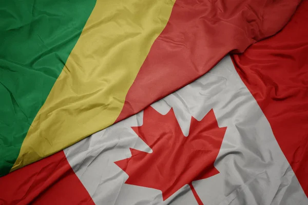 挥舞着五颜六色的加拿大国旗和刚果共和国国旗. — 图库照片