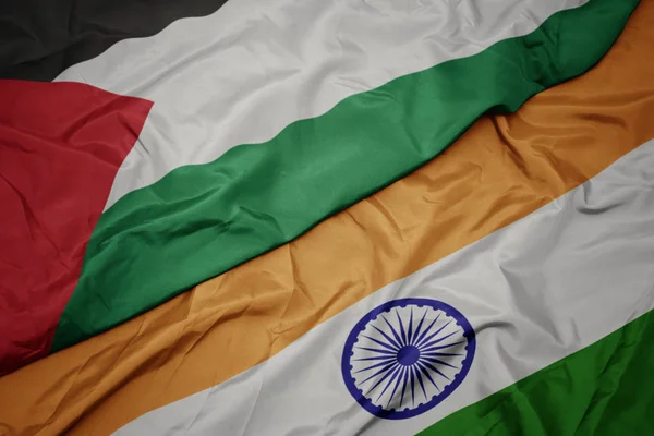Махаючи барвистим прапором Індії та національним прапором Палестини . — стокове фото