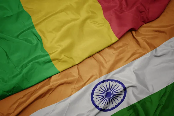 Waving colorful flag of india and national flag of mali. — Stock Photo, Image
