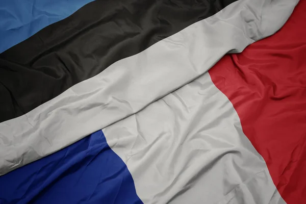 Schwenken bunte Fahne von Frankreich und Nationalflagge von Estland. — Stockfoto