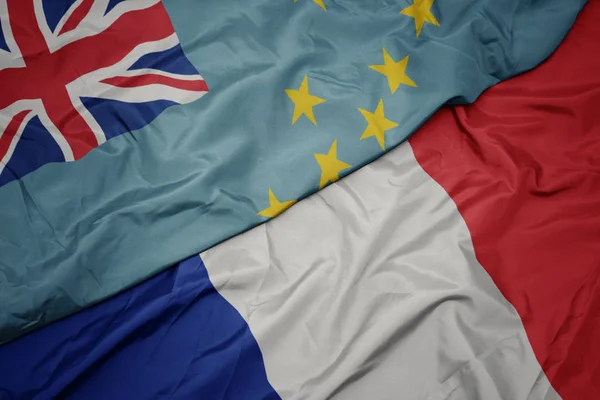 Waving colorful flag of france and national flag of Tuvalu ,. — Stock Photo, Image