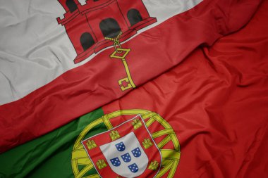 portekiz renkli bayrak ve cebelitarık ulusal bayrağı sallayarak.