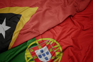 portekiz ve doğu timor ulusal bayrağı renkli bayrak sallayarak.