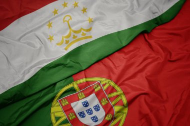 portekiz renkli bayrak ve tacikistan ulusal bayrağı sallayarak.