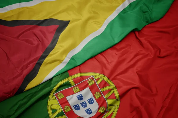portekiz ve guyana ulusal bayrak renkli bayrak sallayarak.