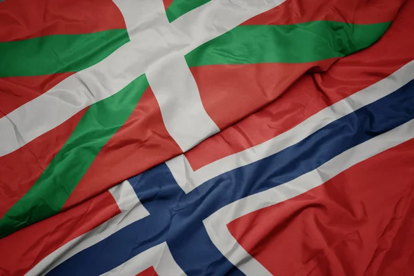 Vifta färgglada flagga Norge och nationella flaggan i Baskien. — Stockfoto