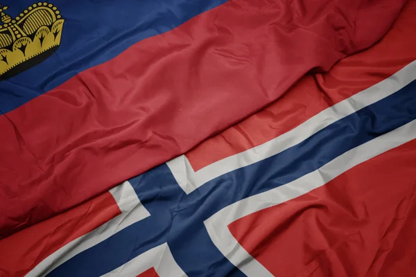 Schwenken bunte Fahne von Norwegen und Nationalflagge von Liechtenstein. — Stockfoto