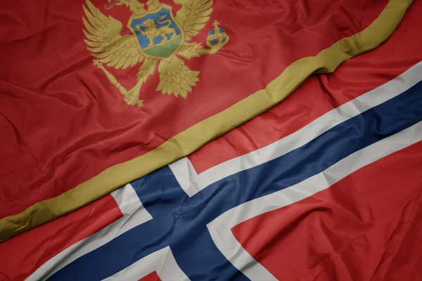 Sventolando bandiera colorata di norway e bandiera nazionale di montenegro . — Foto Stock