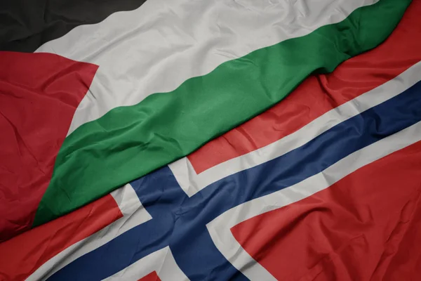 Agitant drapeau coloré de norway et drapeau national de palestine . — Photo