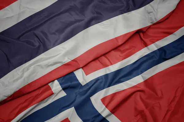Schwenken bunte Flagge Norwegens und Nationalflagge Thailands. — Stockfoto