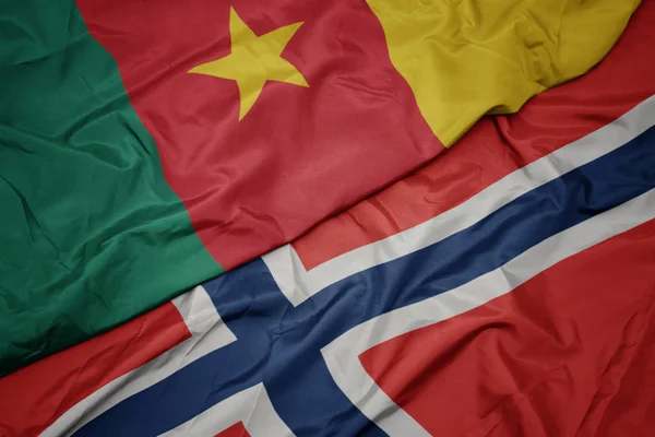 Waving colorful flag of norway and national flag of cameroon. — Stock Photo, Image