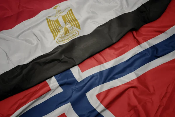 Zwaaiende kleurrijke vlag van Noorwegen en de nationale vlag van Egypte. — Stockfoto