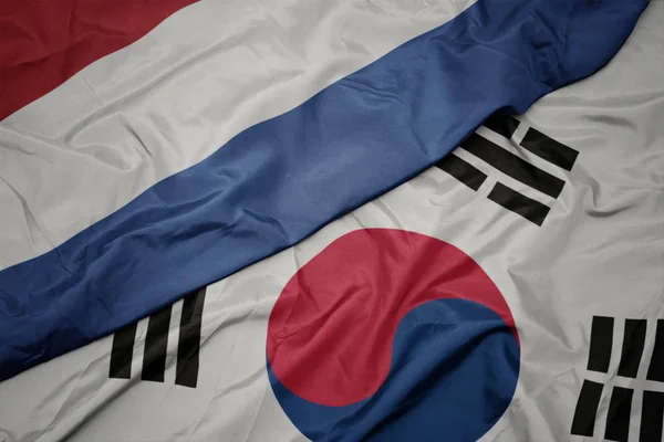 Waving colorful flag of south korea and national flag of netherlands. — Stock Photo, Image