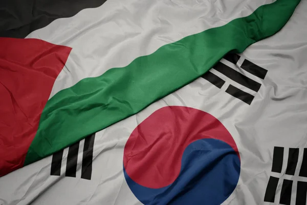 Розмахуючи барвистий Прапор Південної Кореї і державного прапора Палестини. — стокове фото