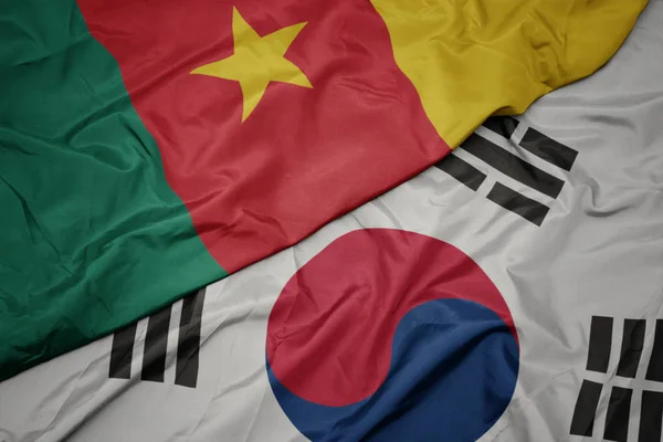 Ondeando colorida bandera de Corea del Sur y bandera nacional de Camerún . — Foto de Stock