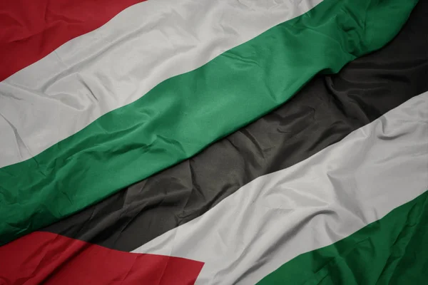 waving colorful flag of palestine and national flag of hungary.