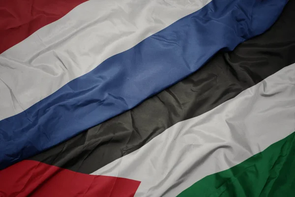 waving colorful flag of palestine and national flag of netherlands.