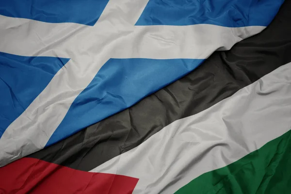 waving colorful flag of palestine and national flag of scotland.