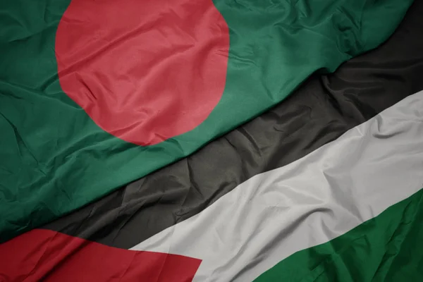 Waving colorful flag of palestine and national flag of bangladesh. — Stock Photo, Image