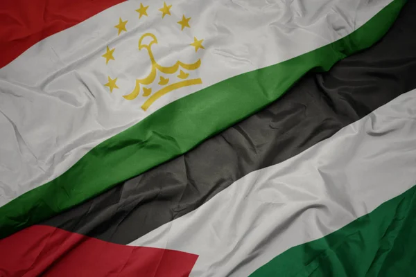 waving colorful flag of palestine and national flag of tajikistan.