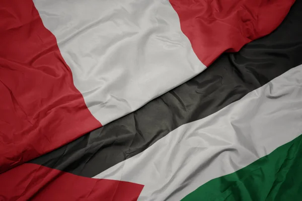 Waving colorful flag of palestine and national flag of peru. — Stock Photo, Image