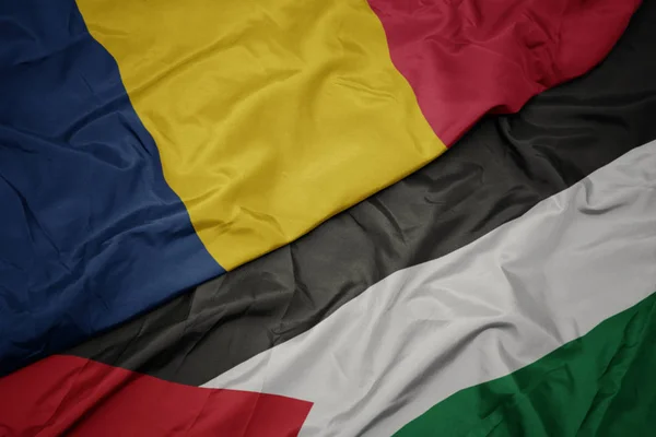 waving colorful flag of palestine and national flag of chad.