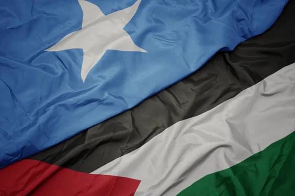 Ondeando colorida bandera de Palestina y bandera nacional de Somalia . —  Fotos de Stock