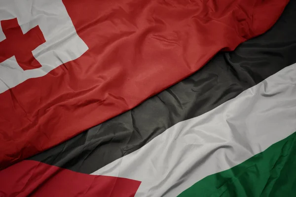 Waving colorful flag of palestine and national flag of Tonga . — Stock Photo, Image