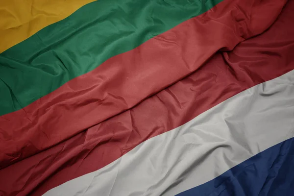 Mávající barvitá vlajka Nizozemska a národní vlajka Litvy. — Stock fotografie