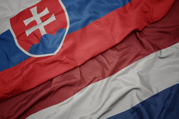 Sventolando bandiera colorata dei Paesi Bassi e bandiera nazionale della Slovacchia . — Foto Stock