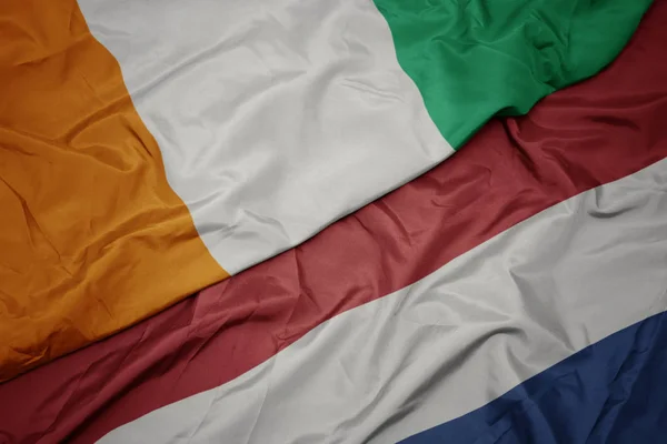 Mávající barevná vlajka Nizozemska a národní vlajka Kote divoiry. — Stock fotografie