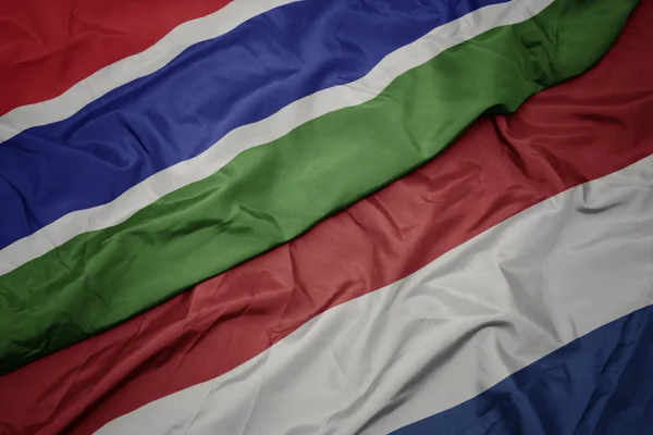 Waving colorful flag of netherlands and national flag of gambia. — Stock Photo, Image
