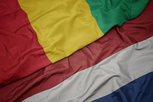 Sventolando bandiera colorata dei Paesi Bassi e bandiera nazionale della Guinea . — Foto Stock