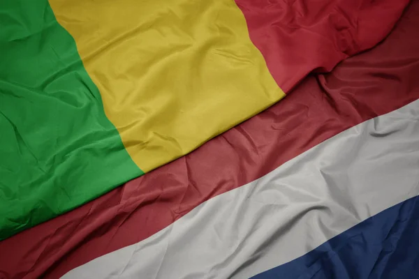 Mávající barvitá vlajka Nizozemska a vlajka státu Mali. — Stock fotografie