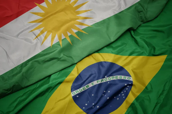 Agitant le drapeau coloré du Brésil et le drapeau national du kurdistan . — Photo